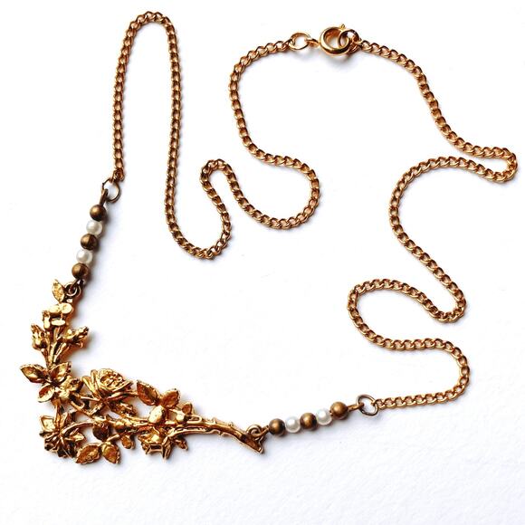 VTG 1950s Signed ART Floral Gold Tone Necklace Faux Pearl Mid Century Jewelry - Picture 3 of 10